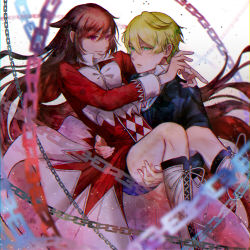 Rule 34 | 1boy, 1girl, alice (pandora hearts), blonde hair, bow, brown hair, carrying, chain, green eyes, lace-up boots, long hair, oz vessalius, pandora hearts, princess carry, purple eyes, short hair, skirt, white background