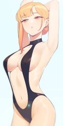 Rule 34 | 1girl, arm behind head, armpits, arms up, black one-piece swimsuit, blonde hair, breasts, close-up, collarbone, commentary request, ear piercing, earrings, fingernails, gradient background, gradient hair, hair bun, halterneck, highleg, highleg swimsuit, highres, holding own arm, jewelry, kitagawa marin, legs, long fingernails, looking at viewer, medium breasts, multicolored hair, multiple piercings, nail polish, navel, one-piece swimsuit, orange hair, parted lips, piercing, red eyes, red nails, sideboob, simple background, single hair bun, slingshot swimsuit, solo, sono bisque doll wa koi wo suru, swimsuit, teeth, thighs, two-tone hair, yan wan