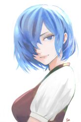 Rule 34 | 1girl, absurdres, artist name, blue eyes, blue hair, breasts, closed mouth, hair over one eye, highres, kirishima touka, large breasts, looking to the side, moedredd, shirt, short hair, simple background, smile, solo, tokyo ghoul, tokyo ghoul:re, white background, white shirt