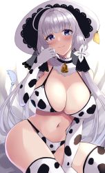 Rule 34 | 1girl, absurdres, alternate costume, animal print, azur lane, bare shoulders, bell, bikini, blue eyes, breasts, collar, cow girl, cow print, cow print bikini, cow tail, cowbell, detached collar, elbow gloves, gloves, hat, highres, illustrious (azur lane), large breasts, long hair, looking at viewer, mole, print bikini, simple background, sitting, solo, string bikini, sun hat, swimsuit, tag, tail, thighhighs, wee (weeyy), white collar, white hair, white hat