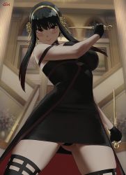 Rule 34 | 1girl, artist name, black gloves, black hair, black panties, black thighhighs, blush, breasts, closed mouth, dagger, dress, dual wielding, earrings, fingerless gloves, flower, from below, gloves, gold earrings, gold hairband, hair flower, hair ornament, hairband, highres, holding, holding dagger, holding knife, holding weapon, indoors, jewelry, knife, large breasts, lips, long hair, looking at viewer, panties, pantyshot, red eyes, rose, sidelocks, skindentation, smile, solo, spikes, spy x family, stairs, sun fanart, thighhighs, two-sided dress, two-sided fabric, underwear, v-shaped eyebrows, vase, weapon, yor briar