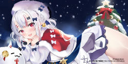 Rule 34 | 1girl, :d, blue bow, bow, braid, braided bun, capelet, christmas, christmas ornaments, christmas tree, commentary request, dress, fang, fur-trimmed capelet, fur hat, fur trim, hair bun, hands up, hat, hololive, horns, instagram username, long sleeves, looking at viewer, lunacats, multicolored hair, nakiri ayame, open mouth, pointy ears, puffy long sleeves, puffy sleeves, red capelet, red eyes, red hair, sleeves past wrists, smile, snowflakes, solo, streaked hair, two side up, virtual youtuber, watermark, web address, white dress, white hair