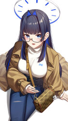Rule 34 | 1girl, absurdres, bag, blunt bangs, coat, colored inner hair, crossed legs, denim, erezu, from above, glasses, hair intakes, halo, handbag, high-waist pants, highres, hololive, hololive english, long hair, looking at viewer, multicolored hair, official alternate costume, official alternate hairstyle, ouro kronii, ouro kronii (casual), pants, simple background, sitting, solo, sweater, sweater tucked in, trench coat, two-tone hair, virtual youtuber, white background