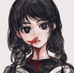 Rule 34 | 1girl, black eyes, black hair, blood, blood on clothes, blood on face, earrings, grey background, highres, jewelry, long hair, maido mido, nosebleed, original, parted lips, portrait, red lips, simple background, sketch, smeared blood, solo, teeth, twintails, upper body