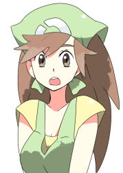 Rule 34 | 1girl, apron, bad id, bad pixiv id, bandana, breasts, brown eyes, brown hair, cleavage, collarbone, creatures (company), d:, eyelashes, facing viewer, frown, game freak, green bandana, hair between eyes, long hair, looking at viewer, looking away, looking down, looking to the side, matsumoto waka, medium breasts, nintendo, npc trainer, open mouth, parted bangs, poke ball theme, pokemon, pokemon breeder (pokemon), pokemon xy, shirt, short sleeves, simple background, solo, tareme, teeth, tongue, upper body, v arms, white background, yellow shirt