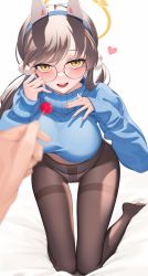 Rule 34 | 1girl, 1other, absurdres, animal ears, black pantyhose, blue archive, blue sweater, breasts, candy, fake animal ears, fingernails, food, glasses, gluteal fold, hair ornament, highres, holding, holding candy, holding food, holding lollipop, large breasts, light brown hair, lollipop, moe (blue archive), panties, panties under pantyhose, pantyhose, pom pom (clothes), pom pom hair ornament, rabbit ears, round eyewear, shibasoda, sleeves past wrists, sweater, turtleneck, turtleneck sweater, twintails, underwear, white panties, yellow eyes