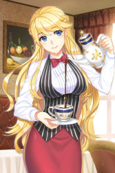 Rule 34 | 1girl, barista, blonde hair, blue eyes, bow, bowtie, braid, briska, coffee, cowboy shot, cup, curtains, drawing (object), indoors, long hair, long sleeves, mandrake girls 2, official art, original, pencil skirt, pinstripe pattern, pinstripe vest, pouring, red bow, red bowtie, red skirt, shirt, skirt, smile, solo, striped clothes, striped vest, teapot, vertical-striped clothes, vertical-striped vest, vest, white shirt, window