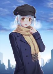 Rule 34 | 1girl, :d, adjusting scarf, badge, black coat, black hat, blue hair, blue sky, blush, breath, brown eyes, brown scarf, button badge, buttons, cabbie hat, cityscape, coat, dated, day, double-breasted, fringe trim, hand in pocket, hat, long sleeves, looking at viewer, miyai sen, open mouth, original, outdoors, scarf, short hair, sky, smile, solo, tareme, upper body