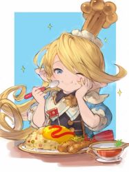 Rule 34 | 1girl, ;t, bad id, bad pixiv id, blonde hair, blue eyes, blush, charlotta (granblue fantasy), crown, eating, flag, food, food on face, granblue fantasy, hand on own cheek, hand on own face, happy, harvin, holding, holding spoon, long hair, omelet, omurice, one eye closed, plate, pointy ears, solo, sparkle, spoon, taroji