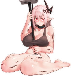 Rule 34 | 1girl, arknights, bare arms, bare shoulders, barefoot, black choker, blush, bottomless, breasts, choker, cleavage, collarbone, commentary request, crop top, hammer, hand up, holding, holding hammer, holding weapon, horns, infection monitor (arknights), long hair, looking at viewer, material growth, mudrock (arknights), oripathy lesion (arknights), parted lips, pointy ears, red eyes, silver hair, simple background, sitting, solo, sports bra, stomach, thighs, wariza, weapon, white background, yamauchi (conan-comy)