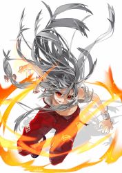 Rule 34 | 1girl, artist name, bad id, bad twitter id, bare arms, black footwear, blood, blood from mouth, bow, fire, floating hair, fujiwara no mokou, full body, gotou (nekocat), hair between eyes, hair bow, highres, long hair, ofuda, pants, red eyes, red pants, shirt, shoes, signature, silver hair, simple background, solo, suspenders, torn clothes, torn shirt, touhou, very long hair, white background, white bow, white shirt, wrist cuffs
