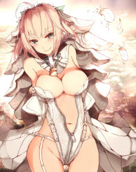 Rule 34 | 10s, 1girl, ahoge, arm strap, arms behind back, backlighting, blonde hair, blurry, blush, braid, breasts, bridal veil, center opening, chain, cleavage, closed mouth, cloud, cowboy shot, depth of field, detached collar, detached sleeves, fate/extra, fate/extra ccc, fate (series), feathers, flower, flower wreath, french braid, full-length zipper, garter belt, garter straps, gluteal fold, green eyes, groin, hair intakes, head wreath, highleg, highleg leotard, highres, hip focus, kyuu (plastic night q), lace, leotard, light particles, lock, long sleeves, looking at viewer, medium breasts, navel, nero claudius (bride) (fate), nero claudius (bride) (second ascension) (fate), nero claudius (fate), nero claudius (fate) (all), no panties, open clothes, outdoors, padlock, puffy detached sleeves, puffy sleeves, short hair with long locks, sidelocks, sky, sleeves past wrists, smile, solo, standing, strapless, strapless leotard, sunlight, unzipped, veil, white flower, white leotard, wide sleeves, zipper, zipper pull tab