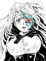 Rule 34 | 1girl, blue skin, breasts, colored skin, female focus, green skin, hair ornament, heterochromia, large breasts, long hair, minamoto sakura, monochrome, open mouth, pink hair, pizza man, red eyes, scar, scar on face, scar on forehead, school uniform, simple background, solo, split theme, spot color, stitches, underbust, upper body, white background, zombie, zombie land saga