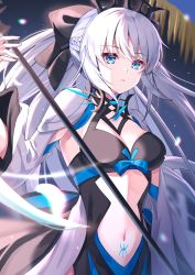 Rule 34 | 1girl, black bow, black dress, blue eyes, blue tattoo, bow, braid, breasts, clothing cutout, commentary, crown, detached sleeves, dress, fate/grand order, fate (series), fingernails, french braid, grey hair, hair bow, highres, holding, holding staff, holding weapon, long hair, looking at viewer, medium breasts, morgan le fay (fate), navel, ponytail, pubic tattoo, sakura (tariliko), sidelocks, solo, spikes, staff, stomach, stomach cutout, tattoo, tiara, very long hair, weapon, white sleeves