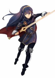 Rule 34 | 1girl, black footwear, blue eyes, blue gloves, blue hair, boots, cape, emblem, feesh, fingerless gloves, fire emblem, fire emblem awakening, full body, gloves, hair between eyes, hair ornament, holding, holding sword, holding weapon, image sample, long hair, long sleeves, looking at viewer, lucina (fire emblem), nintendo, red cape, simple background, sleeve cuffs, solo, sword, thigh boots, thighhighs, tiara, tumblr sample, tumblr username, unsheathed, watermark, weapon, web address, white background