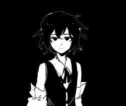 Rule 34 | 1other, absurdres, androgynous, bare shoulders, black background, closed mouth, collared shirt, commentary request, detached sleeves, empty eyes, enraku tsubakura, expressionless, hair between eyes, highres, korean commentary, len&#039;en, long sleeves, looking at viewer, monochrome, no headwear, other focus, outline, ribbon-trimmed vest, shirt, short hair, simple background, sleeveless, sleeveless shirt, solo, upper body, v-neck, vest, waiwa way, white outline