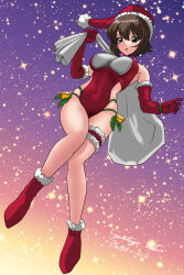Rule 34 | 1girl, brown eyes, brown hair, christmas, full body, girls und panzer, gloves, hat, holding, holding sack, leotard, looking at viewer, matsui yasutsugu, nishizumi maho, one-hour drawing challenge, red footwear, ribbon, sack, santa costume, santa hat, signature, simple background, smile, solo, star (symbol), starry background