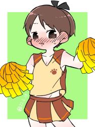 Rule 34 | 1girl, alternate costume, blush, brown eyes, brown hair, brown skirt, cheerleader, commentary request, cowboy shot, holding, holding pom poms, kantai collection, multicolored clothes, nose blush, paw print, pom pom (cheerleading), pom poms, ponytail, shikinami (kancolle), shirt, short hair, skirt, sleeveless, sleeveless shirt, solo, standing, tsubutarou
