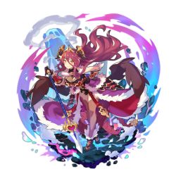 Rule 34 | 1girl, bare shoulders, black gloves, breasts, cleavage, dragalia lost, dragon girl, dragon tail, fang, full body, fur trim, gloves, hair between eyes, heart, holding, holding weapon, horns, large breasts, leaning forward, long hair, looking at viewer, mym (dragalia lost), non-web source, official art, polearm, red hair, saitou naoki, short sleeves, smile, solo, spear, tail, thighhighs, tiara, transparent background, weapon, yellow eyes