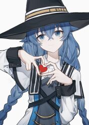 1girl black_hat blue_eyes blue_hair braid capelet closed_mouth eyebrows_hidden_by_hair flat_chest grey_shirt hair_between_eyes hat heart heart_hands jacket large_hat long_hair looking_at_viewer mushoku_tensei roxy_migurdia shirt simple_background smile solo twin_braids upper_body very_long_hair white_background white_capelet white_jacket witch_hat yisjhui