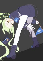 Rule 34 | 1girl, 4ba nana, black background, blue archive, demon tail, flag, green hair, halo, hat, long hair, looking at viewer, nozomi (blue archive), pantyhose, shorts, solo, tail, twintails, twitter, white pantyhose