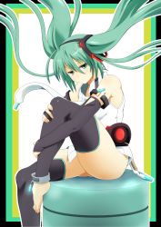 Rule 34 | 1girl, anklet, aqua eyes, aqua hair, barefoot, belt, detached sleeves, elbow gloves, female focus, fingerless gloves, gloves, hatsune miku, hatsune miku (append), jewelry, long hair, necktie, shin&#039;ya (nanp), sitting, solo, thighhighs, toeless legwear, twintails, vocaloid, vocaloid append, zettai ryouiki