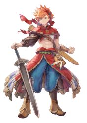 Rule 34 | 1boy, abs, blue eyes, boots, clenched hand, crop top, full body, haccan, headband, highres, male focus, official art, orange hair, pants, second-party source, seiken densetsu, smile, solo, sword, toned, toned male, transparent background, val (visions of mana), visions of mana, weapon