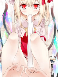 Rule 34 | 1girl, bad id, bad pixiv id, barefoot, blonde hair, blush, bow, crystal, feet, flandre scarlet, foot focus, foreshortening, frills, hat, unworn legwear, long hair, mouth hold, oouso, red eyes, sitting, solo, spread toes, sweat, thighhighs, unworn thighhighs, toes, touhou, white thighhighs, wings