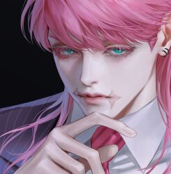 Rule 34 | 1boy, aqua eyes, cheezeyoon3, close-up, collared shirt, cropped, ear piercing, expressionless, eyelashes, formal, hand on own chin, jacket, looking at viewer, male focus, necktie, piercing, pink hair, pink necktie, purple suit, sanzu haruchiyo, scar, scar on face, shirt, simple background, suit, tokyo revengers, upper body, vest, white shirt, wolf cut
