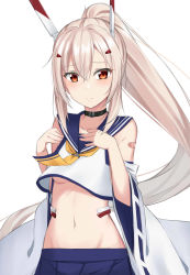 Rule 34 | 1girl, absurdres, ayanami (azur lane), azur lane, bandaid, bandaid on arm, blue sailor collar, blue skirt, blush, breasts, brown hair, closed mouth, clothing cutout, commentary request, crop top, fingernails, hair between eyes, hair ornament, hairclip, hands up, headgear, high ponytail, highres, kohakope, long hair, long sleeves, midriff, navel, pleated skirt, ponytail, red eyes, retrofit (azur lane), sailor collar, school uniform, serafuku, shoulder cutout, sidelocks, simple background, skirt, smile, solo, underboob, very long hair, white background, wide sleeves, yellow neckwear