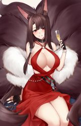 Rule 34 | 1girl, akagi (azur lane), akagi (ruby-laced beauty) (azur lane), alcohol, animal ear fluff, animal ears, azur lane, bare shoulders, black choker, black gloves, bracelet, breasts, brown hair, champagne, champagne flute, choker, cleavage, cleavage cutout, clothing cutout, collarbone, cup, dress, drink, drinking glass, feet out of frame, fingerless gloves, fox ears, fox girl, fox tail, fur shawl, glint, gloves, halter dress, halterneck, highres, holding, holding cup, jewelry, large breasts, long hair, multiple tails, o-ring dress, parted lips, red dress, red eyes, shawl, sidelocks, sitting, smile, solo, tail, very long hair, yorugami rei