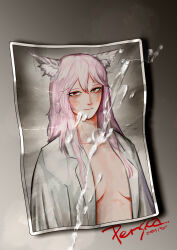 Rule 34 | 1girl, absurdres, animal ears, bags under eyes, blush, breasts, breasts apart, cat ears, cat girl, character name, closed mouth, coat, commentary, cum, cum on object, cum on picture, dated, english commentary, female focus, girls&#039; frontline, hair between eyes, highres, lab coat, long hair, long sleeves, looking at viewer, medium breasts, naked labcoat, open clothes, open coat, persica (girls&#039; frontline), photo (object), pink hair, radish p, red eyes, signature, simple background, smile, solo, upper body