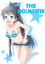Rule 34 | 1girl, bad id, bad pixiv id, barefoot, bikini, black hair, blue eyes, blush, breasts, cleavage, clothes pull, fang, front-tie top, ganaha hibiki, idolmaster, idolmaster (classic), kneeling, long hair, navel, open mouth, ponytail, pulling own clothes, shorts, shorts pull, smile, solo, striped, swimsuit, undressing, yuuzuki (re&#039;ef)
