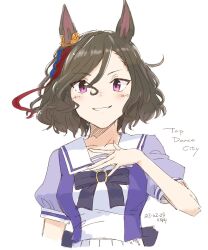 Rule 34 | 1girl, animal ears, artist name, blush, bow, bowtie, braid, breasts, brown hair, character name, cropped, dated, hand on own chest, highres, horse ears, kawashina (momen silicon), long hair, looking at viewer, multicolored hair, puffy short sleeves, puffy sleeves, purple eyes, purple shirt, sailor collar, school uniform, shirt, short hair, short sleeves, skirt, small breasts, smile, solo, streaked hair, swept bangs, tap dance city (umamusume), tracen school uniform, umamusume, upper body