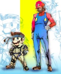Rule 34 | 2boys, bandana, beard, big boss, blue eyes, brown hair, cosplay, costume switch, crossover, eyepatch, facial hair, fingerless gloves, gloves, hand on own hip, hands on own hips, hat, headband, height difference, hip focus, ikuyoan, konami, male focus, manly, mario, mario (series), metal gear (series), metal gear solid 3: snake eater, multiple boys, mustache, naked snake, nintendo, overalls, parody, sneaking suit, super mario bros. 1, super smash bros., white gloves, zoom layer