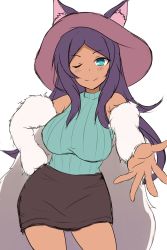 Rule 34 | ;), absurdres, animal ears, bare shoulders, blue eyes, blush, breasts, brown skirt, closed mouth, commentary request, dark-skinned female, dark skin, ears through headwear, fate/grand order, fate (series), fur, green sweater, hat, highres, large breasts, mitchi, official alternate costume, one eye closed, outstretched arm, parted bangs, pink hat, purple eyes, queen of sheba (fate), ribbed sweater, simple background, sketch, skirt, sleeveless, smile, solo, sweater, v-shaped eyebrows, white background