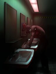 Rule 34 | 1girl, android, bathroom, black hair, blood, blood on hands, blue eyes, commentary request, crack, cracked glass, digitigrade, elster (signalis), highres, looking at mirror, mirror, ohime illust, short hair, signalis, sink, solo