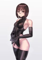 Rule 34 | 1girl, absurdres, bare shoulders, black gloves, black leotard, black thighhighs, breasts, brown eyes, brown hair, closed mouth, covered collarbone, cowboy shot, elbow gloves, glass, gloves, grey-framed eyewear, grey background, highleg, highleg leotard, highres, kilye kairi, large breasts, legs together, leotard, looking at viewer, mole, mole on thigh, original, own hands together, short hair, simple background, skin tight, solo, standing, thighhighs