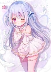 Rule 34 | 1girl, blue hair, blush, detached collar, detached sleeves, dress, feathers, finger heart, frilled dress, frills, hair ribbon, hanasakichu, heart, heart-shaped pupils, highres, long hair, long sleeves, one eye closed, open mouth, original, pink eyes, ribbon, single thighhigh, solo, strapless, strapless dress, symbol-shaped pupils, thigh strap, thighhighs, two side up, very long hair, wing hair ornament