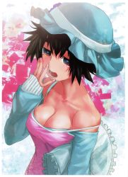 Rule 34 | 1girl, absurdres, bare shoulders, black hair, breasts, brown eyes, camisole, cleavage, eyebrows, hand to own mouth, hat, highres, huge filesize, huke, medium breasts, official art, scan, shiina mayuri, short hair, sleepy, sleeves past wrists, solo, steins;gate, strap gap, strap slip, tears, yawning