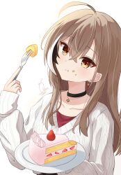 Rule 34 | 1girl, absurdres, ahoge, berry, black choker, brown eyes, brown hair, cake, cake slice, choker, crossed bangs, daikon keroi, earrings, eating, fingernails, food, food-themed earrings, food on face, fork, highres, hololive, hololive english, jewelry, long hair, looking at viewer, multicolored hair, nanashi mumei, nanashi mumei (casual), necklace, official alternate costume, oversized clothes, red shirt, shirt, sleeves past wrists, strawberry shortcake, streaked hair, sweater, virtual youtuber, white sweater