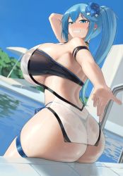Rule 34 | 1girl, absurdres, ass, bare shoulders, blue eyes, blue hair, blush, breasts, commission, from behind, grin, highres, huge breasts, long hair, looking at viewer, looking back, original, oruka (kamituki0827), outdoors, outstretched arm, parted lips, pool, smile, teeth, thigh strap, thighs