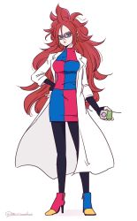 Rule 34 | 1girl, android 21, artist name, black pantyhose, blue eyes, boots, controller, dragon ball, dragon ball fighterz, dress, earrings, expressionless, full body, glasses, hand on own hip, high heel boots, high heels, highres, jewelry, lab coat, long hair, long sleeves, looking at viewer, miiko (drops7), multicolored boots, multicolored clothes, multicolored dress, open mouth, pantyhose, red hair, signature, solo, standing, turtleneck, turtleneck dress, twitter username, very long hair