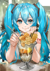Rule 34 | 1girl, blue eyes, blue hair, closed mouth, commentary, food, hair between eyes, hair ornament, hand on own cheek, hand on own face, hatsune miku, highres, himukai aoi, holding, holding spoon, long hair, looking at viewer, number tattoo, parfait, pov across table, smile, spoon, table, tattoo, twintails, vocaloid
