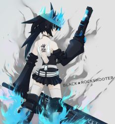 Rule 34 | 10s, 1girl, bad id, bad pixiv id, black hair, black rock shooter, black rock shooter (character), black rock shooter beast, blue eyes, boots, crown, detached sleeves, from behind, glowing, glowing eye, glowing eyes, gun, hano (hanos91), long hair, looking back, skirt, solo, sword, tattoo, thigh boots, thighhighs, twintails, weapon