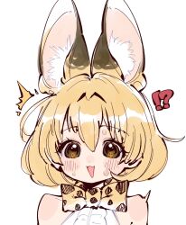 Rule 34 | 1girl, animal ears, blonde hair, blush, bow, bowtie, brown eyes, extra ears, highres, kemono friends, nervous sweating, notora, open mouth, print bow, print bowtie, serval (kemono friends), serval print, shirt, short hair, sleeveless, sleeveless shirt, smile, surprised, sweat