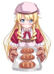 Rule 34 | 1girl, :&lt;, blonde hair, blue eyes, blush, bow, bread, curly hair, food, frills, frown, hat, kanpani girls, loalo, long hair, monique waroquier, oven mitts, red bow, sidelocks, solo, tray, white background
