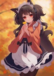 Rule 34 | 1girl, absurdres, animal ears, apron, autumn leaves, bell, black bow, black skirt, blurry, blurry background, bow, brown hair, brown kimono, brown pantyhose, closed mouth, commentary request, depth of field, fox ears, fox girl, fox tail, frilled apron, frilled skirt, frills, ginkgo leaf, hands up, highres, hinata (user rjkt4745), holding, holding leaf, japanese clothes, jingle bell, kimono, leaf, long sleeves, maid, maid headdress, maple leaf, multicolored hair, original, pantyhose, red eyes, skirt, smile, solo, tail, two-tone hair, wa maid, white apron, wide sleeves