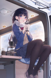 Rule 34 | 1girl, :d, absurdres, ahoge, black hair, black pantyhose, black skirt, blazer, blue eyes, blue jacket, blush, brown footwear, coffee beans, cup, hair ornament, hairclip, highres, holding, holding cup, jacket, keis (locrian1357), loafers, long hair, long sleeves, looking at viewer, miniskirt, open clothes, open jacket, open mouth, original, pantyhose, pleated skirt, red neckwear, scarf, school uniform, shoes, sitting, skirt, smile, solo, steam, sweater vest, two-handed, very long hair, white scarf, x hair ornament