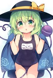 Rule 34 | 1girl, :o, alternate costume, baku-p, bare shoulders, black hat, blue one-piece swimsuit, bow, cowboy shot, floral print, green eyes, green hair, hair between eyes, hat, hat bow, highres, komeiji koishi, long hair, looking at viewer, name tag, old school swimsuit, one-piece swimsuit, rose print, school swimsuit, simple background, solo, swimsuit, thigh gap, third eye, touhou, towel, wet, white background, yellow bow
